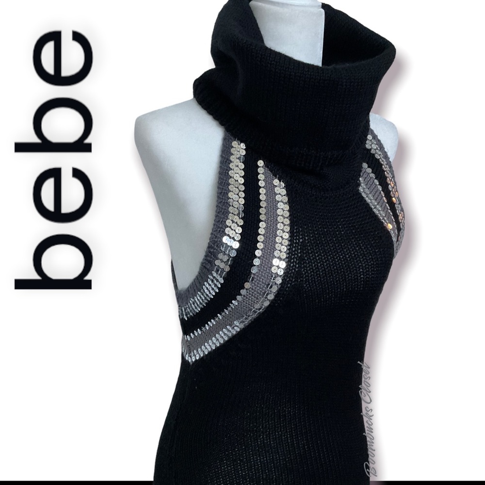 NWOT Bebe sequin turtle neck sweater dress black silver, knit con dress, small